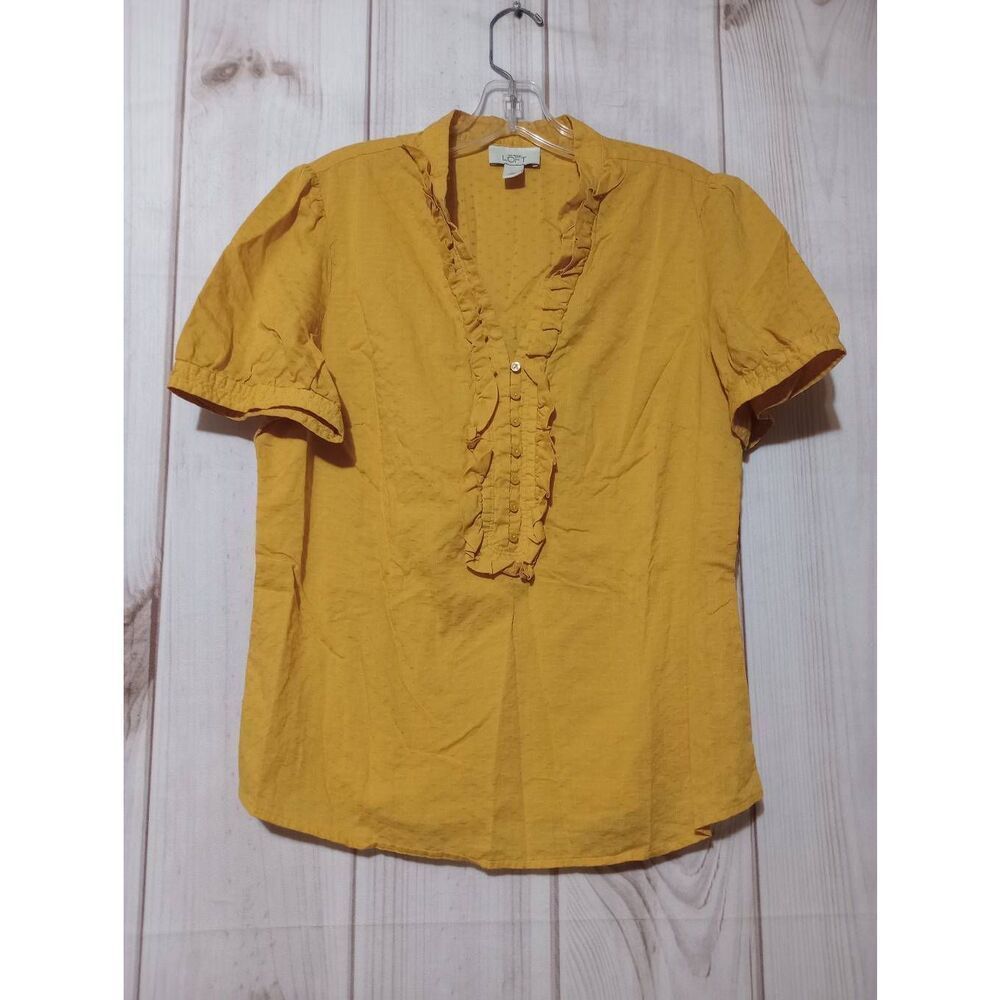 Loft Shirt Ladies Large Gold Short Sleeve V-Neck Ruffle Textured Side Zipper Sho